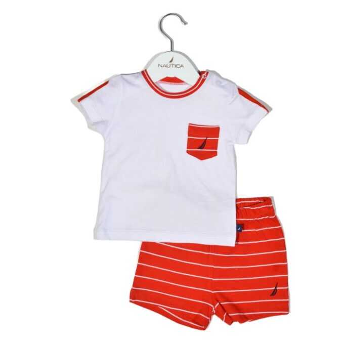 Nautica Des.16 Σετ T-Shirt & Shorts Jersey Organic Κόκκινο Ριγέ 68cm-1